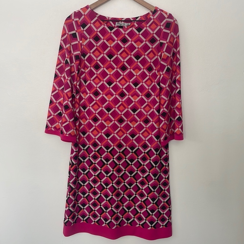 Eliza J | Hot Pink Diamond Geometric 3/4 Bell Sleeve Shift Dress Size 4